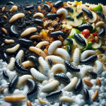 A realistic scene showing both black and milky white black soldier fly larvae processing organic waste into frass. The image should depict a mix of larvae.