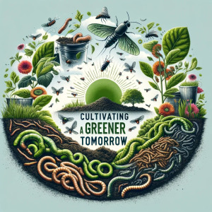 An inspirational image encapsulating the phrase Cultivating a Greener Tomorrow combined with elements representing a worm and insect farm business