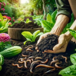 Here is an image of using worm compost in a garden. The scene showcases the application of rich, dark worm castings to the soil around healthy plants. It depicts a lush garden with a variety of plants, flowers, or vegetables, highlighting the enriched soil structure due to the addition of worm compost. The image shows a gardener's hands spreading the compost around the bases of the plants, illustrating the benefits of using this natural, nutrient-rich soil amendment for enhancing plant growth and soil health.