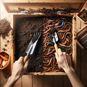 Here is an image showing the process of harvesting worm castings from one side of a worm bin. The bin is open, displaying one side filled with dark, rich worm castings, and the other side with fresh bedding and food scraps. The image includes a person or a tool, such as a small shovel or rake, gently scooping out the castings. This visual effectively captures the essence of the harvesting process in vermicomposting, demonstrating how to separate the castings from the rest of the bin contents without disturbing the worms too much.