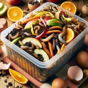 Here is an image of a worm bin being fed with kitchen scraps. The image shows a variety of kitchen waste, including fruit peels, coffee grounds, and eggshells, being added to the bin. These scraps are placed on top of the existing bedding material, illustrating the feeding process in vermicomposting. The visual captures the mix of food scraps as they are introduced to the bin, highlighting the importance of feeding the worms a balanced mix of organic waste for efficient composting.