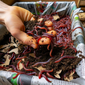 Here is an image depicting red wiggler worms being added to a worm bin. The image shows a person's hand gently placing the worms onto the moistened bedding materials of shredded newspaper and cardboard. The red wigglers are clearly visible, showcasing their distinct color and size as they are introduced to their new environment. This visual captures the moment of introducing the worms to the bin, emphasizing the care and precision involved in setting up a successful vermicomposting system.