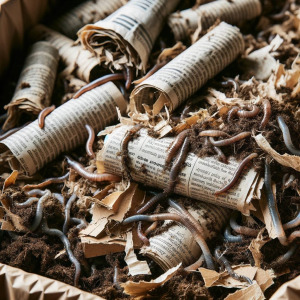 Here is an image showing moistened bedding materials like shredded newspaper and cardboard in a worm bin. The bedding is depicted as damp and loosely packed, creating an ideal environment for the worms. The focus is on the texture and composition of the bedding, with visible layers of shredded newspaper and cardboard pieces. This visual conveys the preparation stage of a worm bin, emphasizing the importance of proper bedding for the health and efficiency of the composting worms.