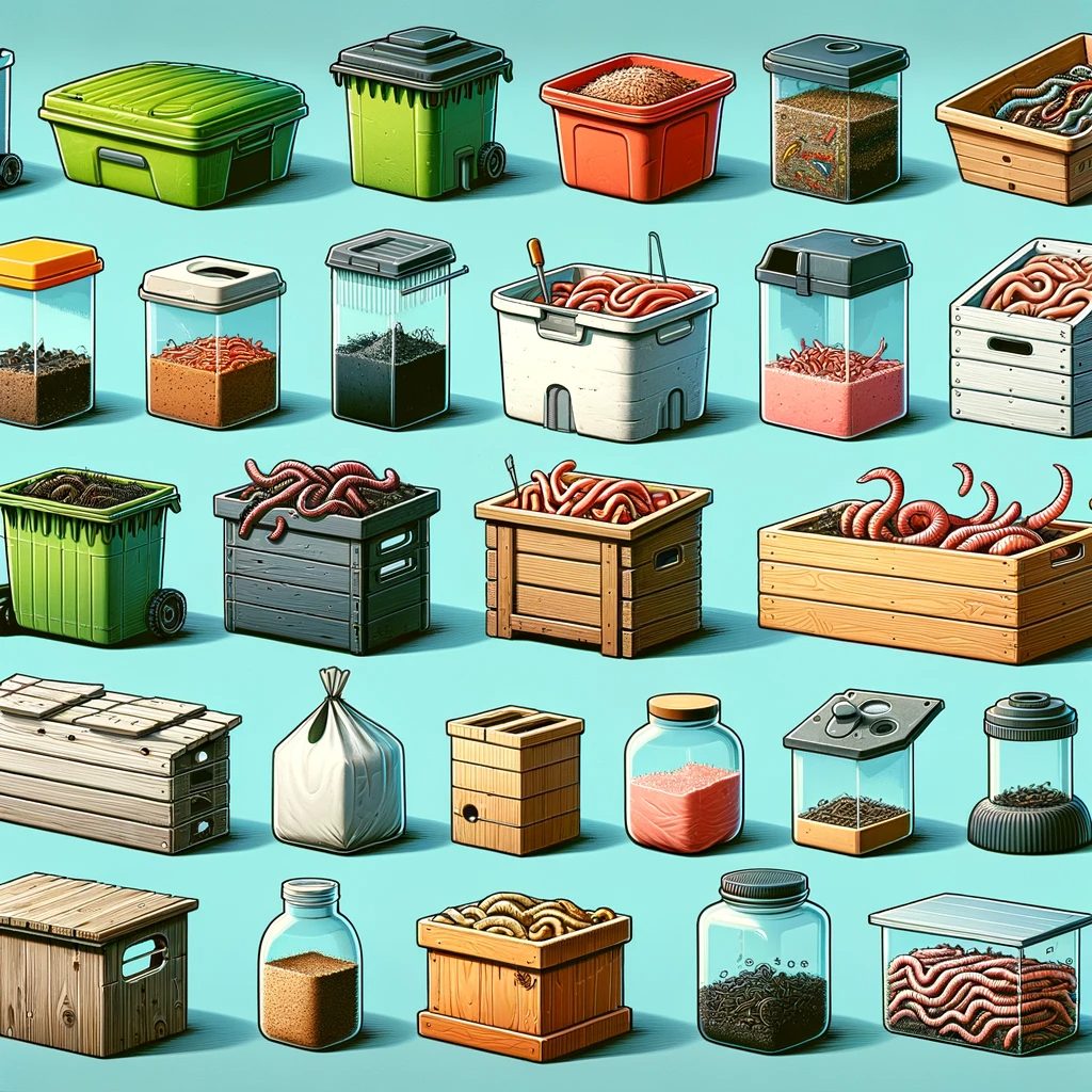 Here is an image showcasing different types of worm bins, ranging from homemade to commercially available options. The image includes a variety of worm bin designs such as DIY plastic bins, wooden boxes, and professionally manufactured worm composters. Each bin is distinct, demonstrating the various methods and materials used for worm composting. This illustration highlights the versatility and range of options available for individuals interested in starting their own vermicomposting setup, catering to different preferences and needs.