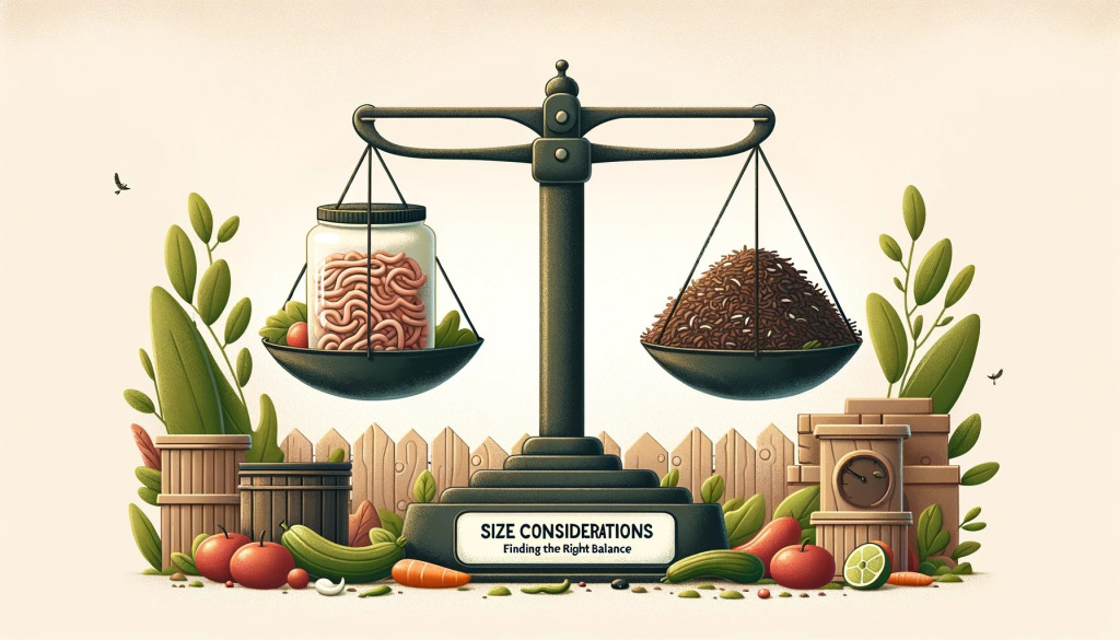banner image for the section "Size Considerations: Finding the Right Balance" in your vermicomposting blog. This design visually captures the concept of balancing bin size with kitchen waste, ideal for emphasizing the key message of your content.