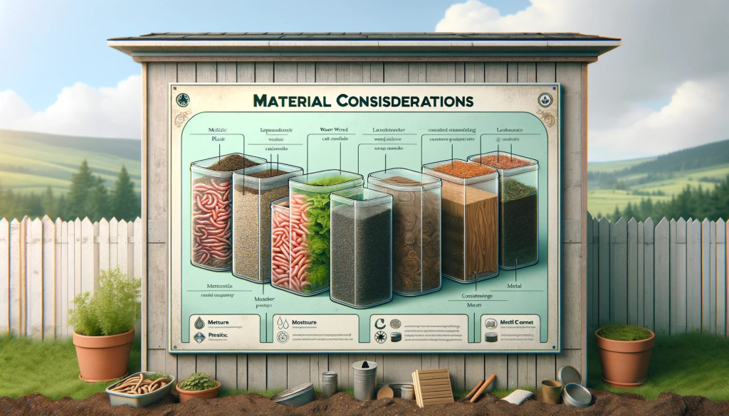 banner image for the "Material Considerations" section of your vermicomposting blog. This design showcases different materials used for worm bins, effectively conveying the importance of material choice in vermicomposting.