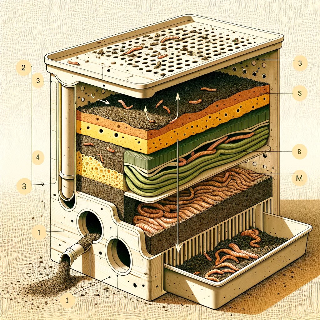 Here is the cross-sectional illustration of a worm bin, highlighting the mechanisms of ventilation and drainage.