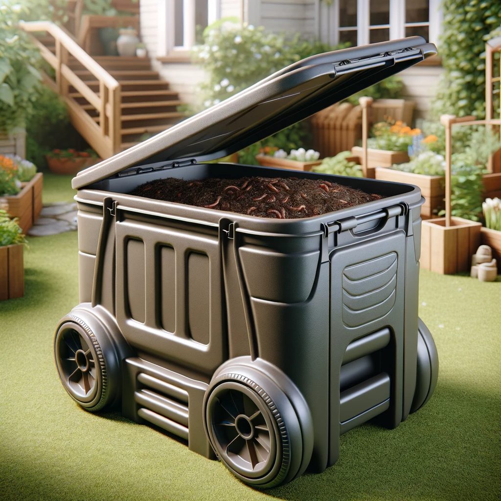 Here is the image of an ergonomic and user-friendly worm bin, designed for ease of use and access, and equipped with handles and wheels for mobility.