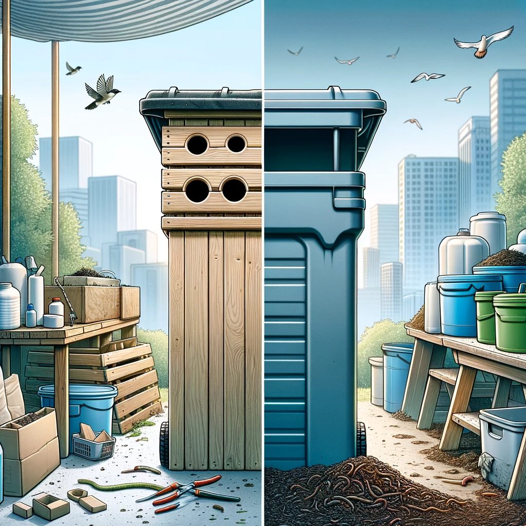 Here is the image showcasing a side-by-side comparison of a DIY worm bin and a commercial worm bin.