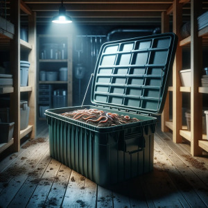 The image above showcases a worm bin situated in a cool, dark area, which is an ideal setting for maintaining a healthy worm farm. Such a location ensures the worms are kept in a conducive environment away from extreme temperatures, which could be detrimental to their well-being.