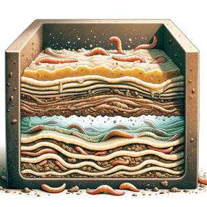The image illustrates the interior of a worm bin, focusing on moisture management essential for vermicomposting. In the depicted setup, the bedding's ideal moisture level is emphasized, akin to that of a wrung-out sponge. This balance is crucial as overly wet conditions can lead to odor problems and potentially drown the worms, while an environment that's too dry might not support their survival. Strategies for maintaining this balance include adding dry bedding to absorb excess moisture or lightly spraying water to increase humidity if the bedding becomes too dry.