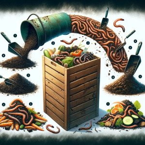 The image illustrates the process of harvesting worm castings from a compost bin. It shows one side of the bin filled with rich, dark compost and worms, while the other side is prepared with fresh bedding and food scraps. The visual emphasizes the method of encouraging worms to migrate to the new food source, making it easier to collect the valuable worm castings from the other side for use as a plant fertilizer.