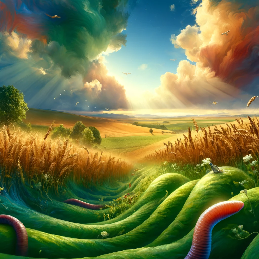 Idyllic harvest scene with the subtle presence of earthworms as guardians of abundance.