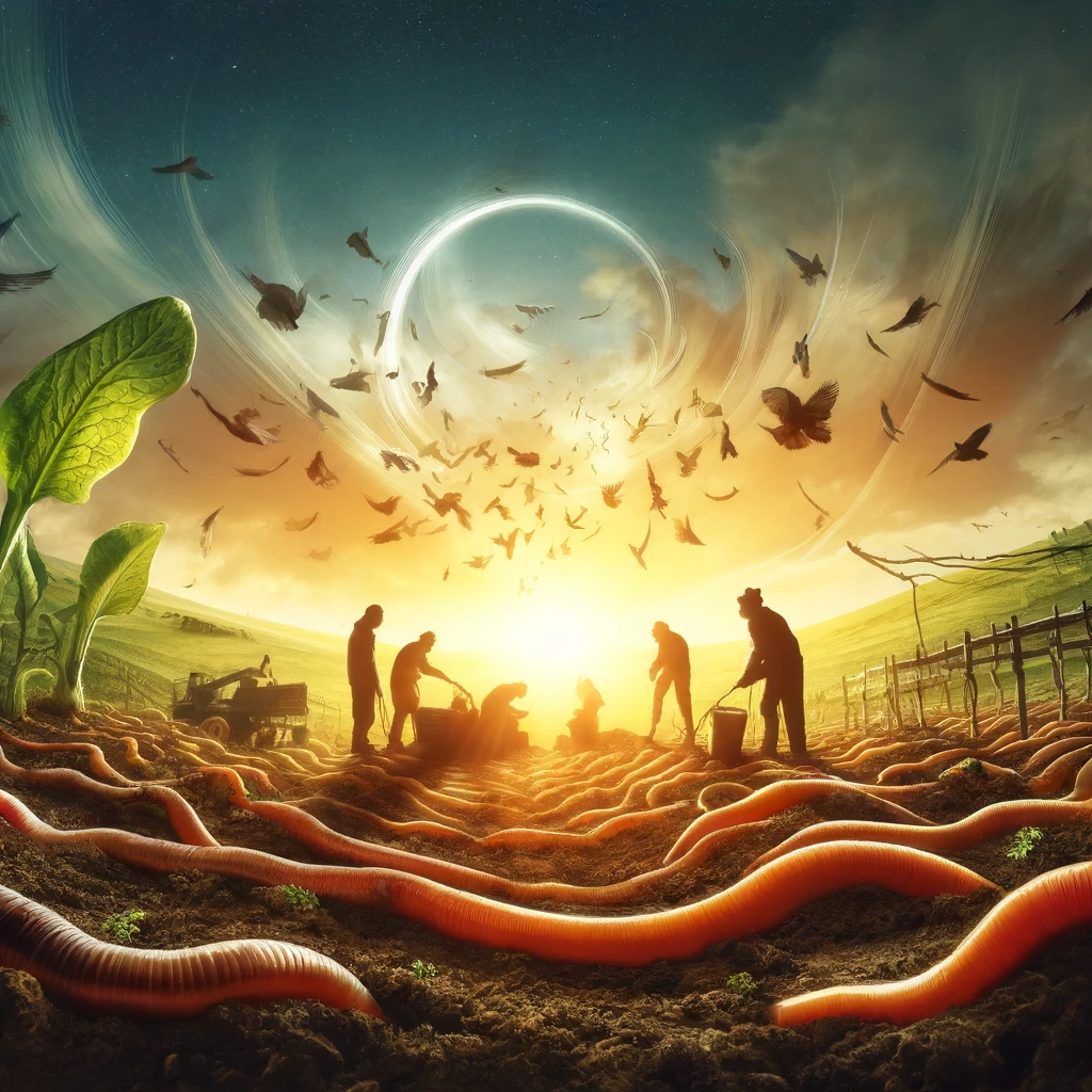Humans and earthworms synergize in the sustainable cultivation of the land, showcasing a mutual respect for nature.